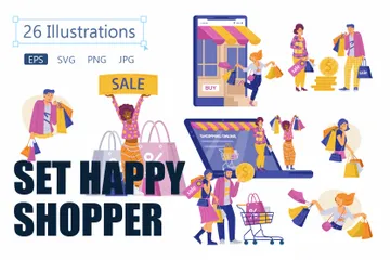 Les clients satisfaits des boutiques en ligne profitent de soldes et de réductions incroyables Pack d'Illustrations