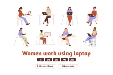 Mujer trabajando en la computadora portátil Paquete de Ilustraciones