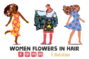 Mujeres con flores en el cabello Paquete de Ilustraciones