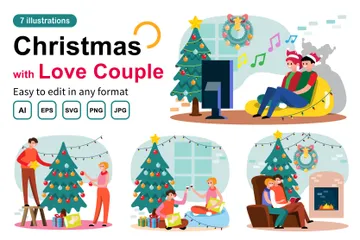 Noël avec un couple amoureux Pack d'Illustrations