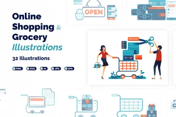 Online Shopping And Grocery Illustration Pack