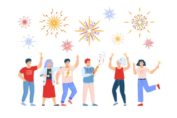 People Celebrating Holiday With Fireworks Illustration Pack