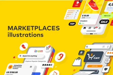 Popular Marketplaces In Mobile Phones Illustration Pack