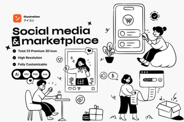 Redes sociales y mercado Paquete de Ilustraciones