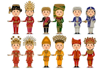 Roupas tradicionais indonésias com gesto de boas-vindas Pacote de Ilustrações