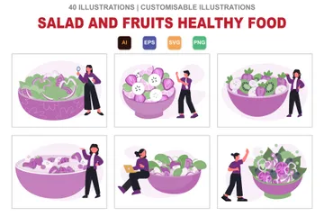 Salada e Frutas Comida Saudável Illustration Pack