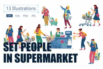 Les acheteurs du supermarché font la queue devant la caisse Pack d'Illustrations