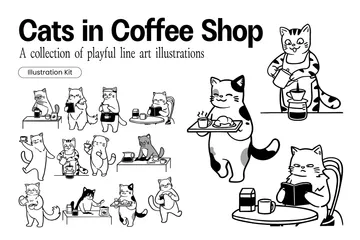 Actividades de gatos juguetones en una cafetería Paquete de Ilustraciones