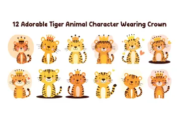 Adorable Tiger Animal Wearing Crown Illustration Pack