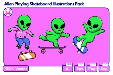 Alien jouant au skateboard Pack d'Illustrations