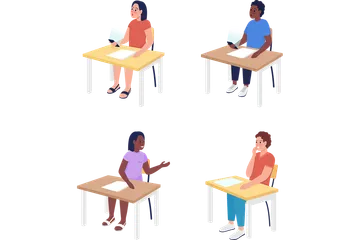 Alumnos sentados en escritorios Paquete de Ilustraciones