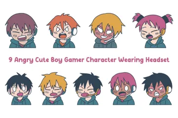 Angry Cute Boy Gamer Character Wearing Headset Illustration Pack