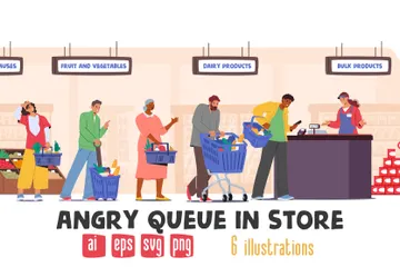 Angry Queue In Store Line Illustration Pack