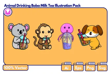 Animal And Boba Milk Tea Illustration Pack