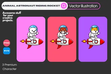 Animal Astronaut Riding Rocket Illustration Pack