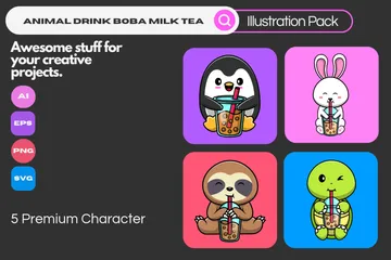 Animal Drink Boba Milk Tea Illustration Pack