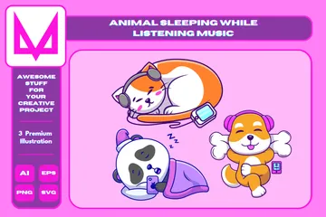 Animal durmiendo mientras reproduce música Paquete de Ilustraciones