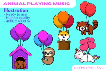 Animal Floating With Balloon Illustration Pack