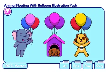 Animal Floating With Balloons Illustration Pack