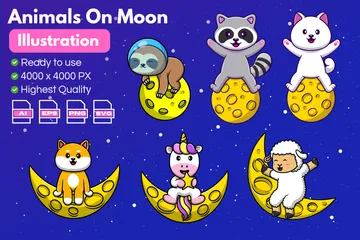 Animal On Moon Illustration Pack