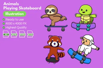 スケートボードで遊ぶ動物 イラストパック