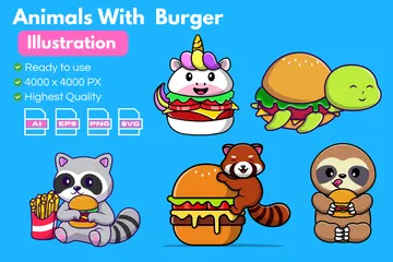 Animal With Burger Illustration Pack
