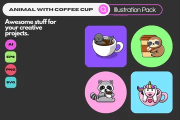 Animal With Coffee Cup Illustration Pack
