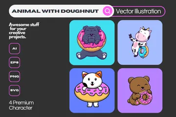 Animal With Doughnut Illustration Pack