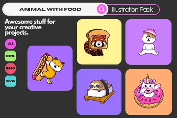 Animal With Food Illustrations Pack Illustration Bundle
