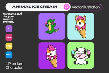 Animal With Ice Cream Illustration Pack