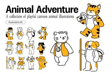 Mascotas de aventuras de animales de dibujos animados juguetones Illustration Pack