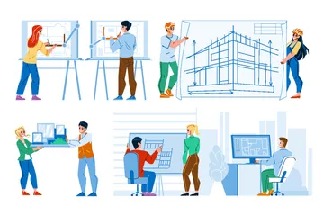 Architect Man And Woman Workers Drawing Illustration Pack