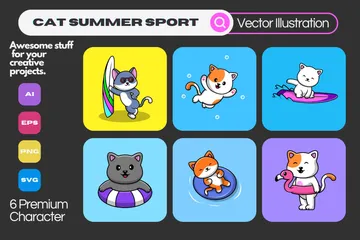 Atividades esportivas de verão para gatos Pacote de Ilustrações