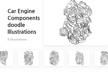 Auto, Motor, Komponenten, Gekritzel Illustrationspack