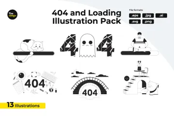 Barras de carga en blanco y negro y error 404 Paquete de Ilustraciones