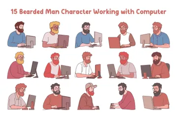 Bearded Man Character Working With Computer Illustration Pack