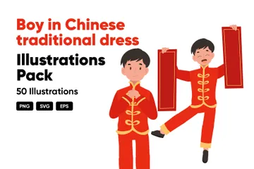 중국 전통 의상을 입은 소년 일러스트레이션 팩