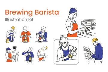 A barista at work brewing coffee is a daily activity on cafe Illustration Bundle