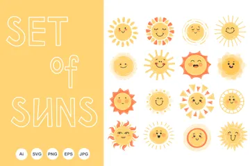 Bright Suns With Faces Illustration Pack
