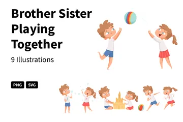 Brother Sister Playing Together Illustration Pack