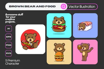 Brown Bear And Food Illustration Pack