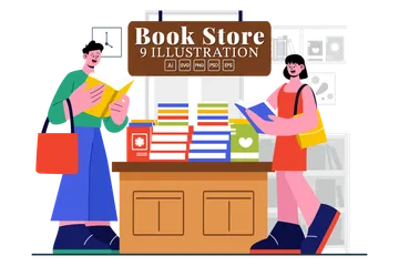 Buchhandlung und Bibliothek Illustrationspack