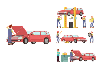 車の修理と整備士による自動車サービス イラストパック