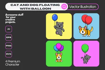 Cat And Dog Floating With Balloon Illustration Pack