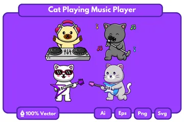 음악 플레이어를 연주하는 고양이 일러스트레이션 팩