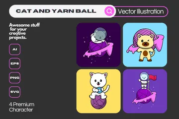 Cat With Yarn Ball Illustration Pack