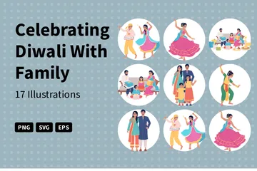 Celebrating Diwali With Family Illustration Pack