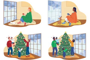 Celebrating Winter Holidays At Home Illustration Pack