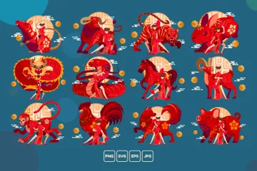 Célébration du Nouvel An chinois ou lunaire Pack d'Illustrations