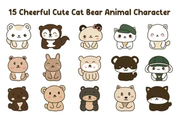 Cheerful Cute Cat Bear Illustration Pack